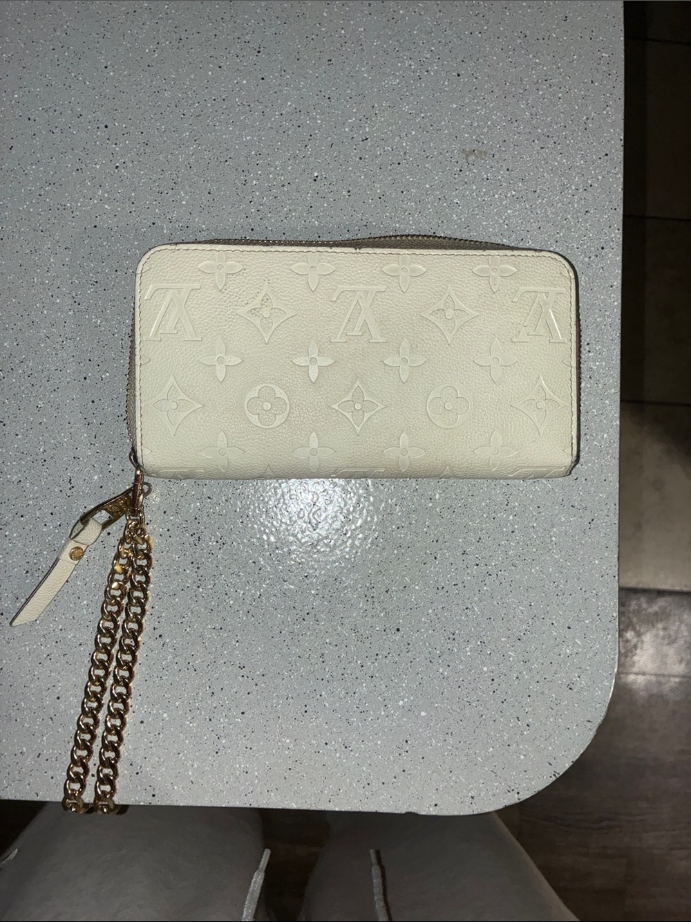 Cream Embossed Monogram Zip Wallet with Chain